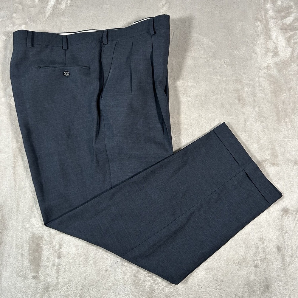 Burberry London Dress Pants Men 42x31 Blue Wool Trousers Designer Pleated Cuffed